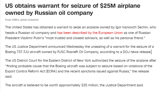 HarZizn's tweet photo. CNN - #US obtains warrant for seizure of $25M airplane owned by Russian oil company. ...PJSC #Rosneft Oil Company ...Igor Ivanovich #Sechin. #War_in_Ukraine https://t.co/d7pIrYzp9q