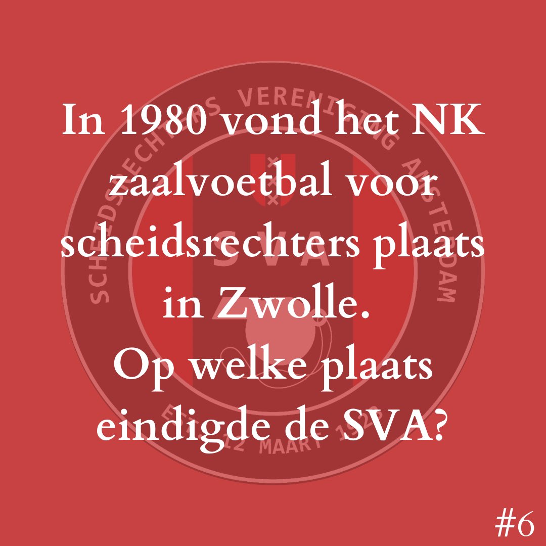 sva_amsterdam's tweet photo. Tijd voor een nieuwe vraag!

In 1980 vond het NK zaalvoetbal voor scheidsrechters plaats in Zwolle. Op welke plaats eindigde de SVA?

#sva100jaar https://t.co/7ZjJ9MHrJx