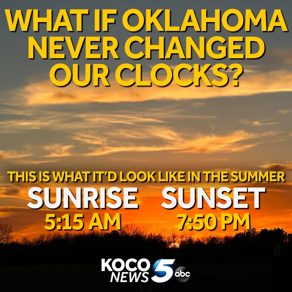 koconews's tweet photo. What if Oklahoma never changed our clocks? ☀️ What do you think of those sunrise and sunset times?

Sen. James Lankford is pushing legislation that would stop time changes. More details here: https://t.co/hrZmjAi5VR https://t.co/ebPwHqgNkj