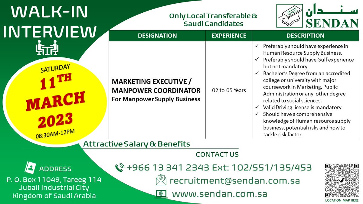 Sendanofficial's tweet photo. #walkininterview #manpower #manpowersupply #marketing #executive #saudiarabia #jobs https://t.co/G7Zp9OIhSO