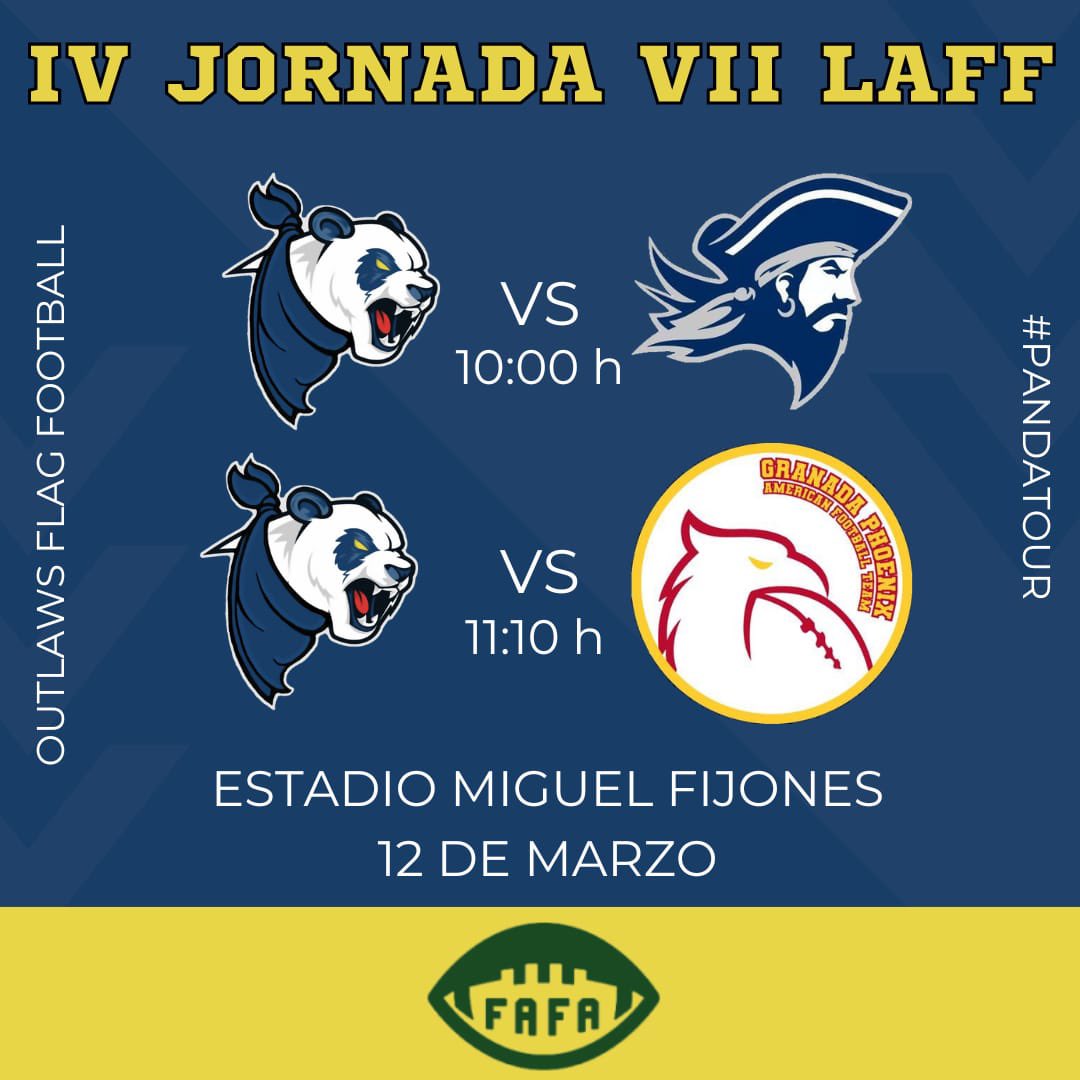 IV JORNADA VII LAFF 🏆

JUGAMOS EN CASA 🏡 🏈

📍Estadio Miguel Fijones 
Alhaurín el Grande (Málaga) 

GAME 1️⃣
🆚 <a href="/MalagaCorsairs/">Malaga Corsairs</a> 🏴‍☠️
🕒10:00h 

GAME 2️⃣ 
🆚@GranadaPhoenix 
🕒11:10h