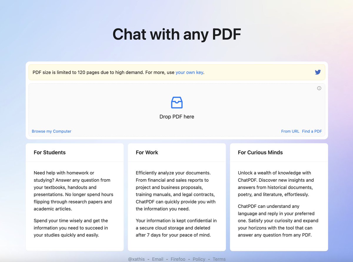 🔴 ¡Habla con tus documentos!

Con ChatPDF.com podemos subir un archivo PDF e “interactuar con él”como lo haríamos con un humano (o ChatGPT) 👇🏻

#IA #ideasparaclase #IAEducacion #AIClassroom