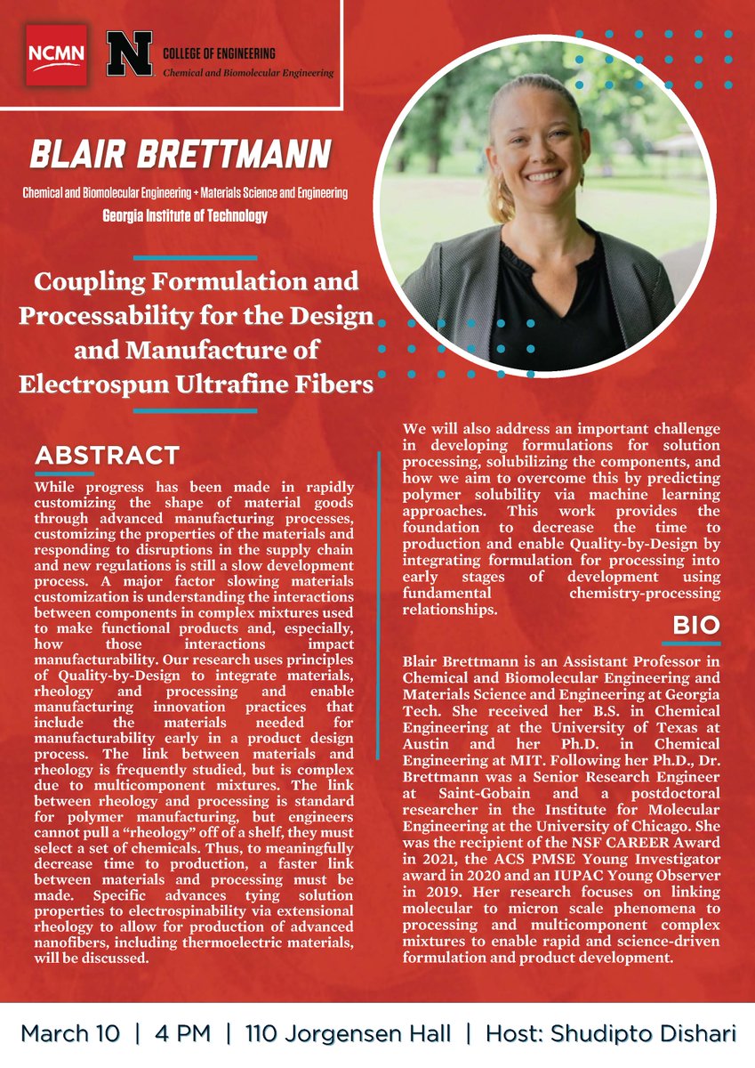UNL Chemical & Biomolecular Engineering (@unl_chemeng) on Twitter photo The  UNL CHME Department and MCMN are proud to present a joint seminar hosted by Dr. Shudipto Dishari. Please join us tomorrow to hear from Dr. Blair Brettmann about her work and research! The  UNL CHME Department and MCMN are proud to present a joint seminar hosted by Dr. Shudipto Dishari. Please join us tomorrow to hear from Dr. Blair Brettmann about her work and research!