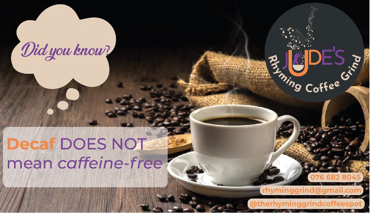 Decaf is short for decaffeinated coffee. It's coffee from coffee beans that have had at least 97% of their caffeine removed. Order some of Judes’ today ! #rhyminggrindcoffee #funfacts #capetown #decaf #coffeeforacause 📧rhyminggrind@gmail.com 📞076 682 8045