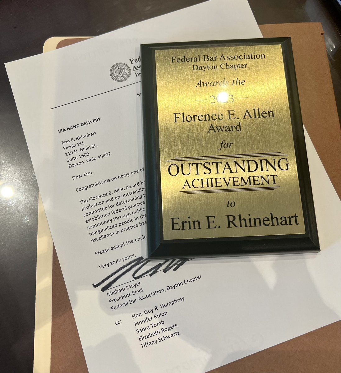 EERhinehart's tweet photo. Huge thank you to @DaytonFBA for this honor (and even more grateful to Morgan Napier for nominating me). Incredibly disappointed to have missed the ceremony yesterday; but rest assured I am beyond humbled by this!
#fedbar #womeninlaw @FarukiMediaLaw https://t.co/gTYTDnmbyq