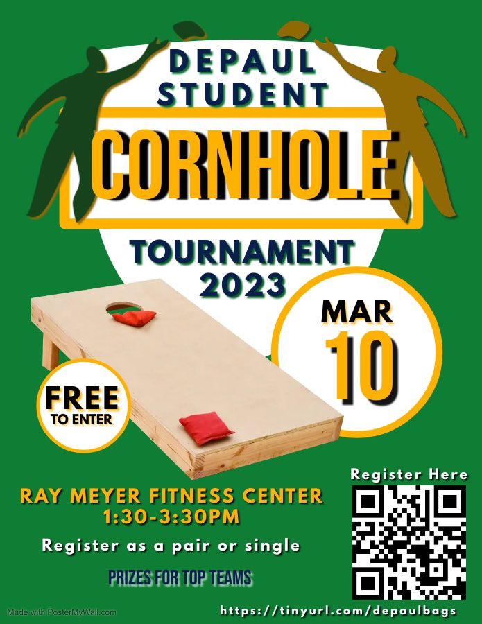 Come enjoy one last event before finals. 

FREE cornhole tournament at The Ray. Friday, March 10 @ 1:30pm.

 Register here: tinyurl.com/Depaulbags. 

Open to all <a href="/DePaulU/">DePaul University</a> students.