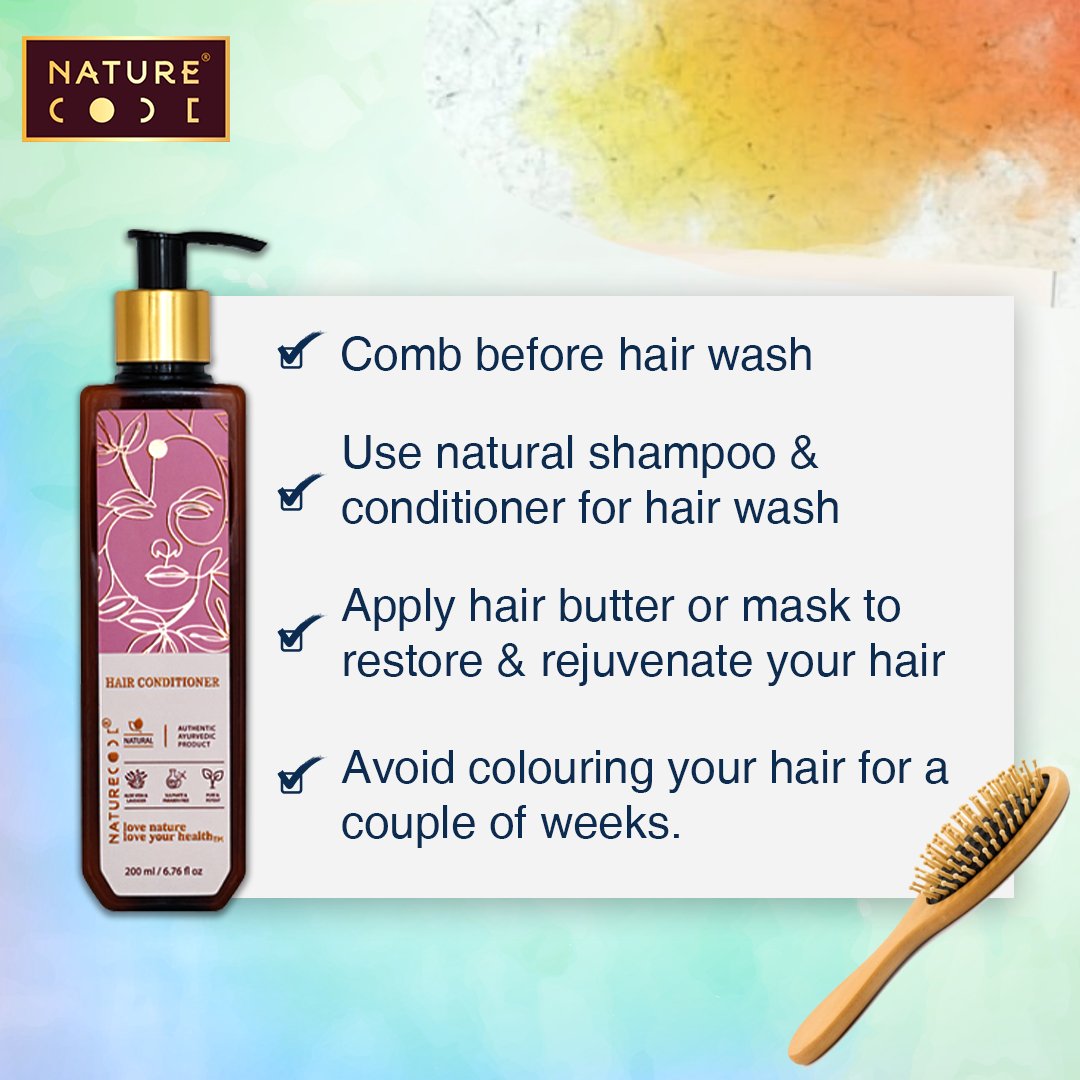 naturecodeindia's tweet image. &quot;Holi colours may make your hair dull and brittle. Reverse the damage by following these simple tips.
Remember, that your hair have suffered due to chemicals present in the the holi colours. 
#naturecode #naturecodeindia #decodingayurveda #findingselflovewithnature