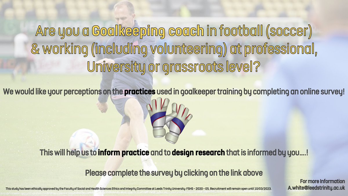 FINAL DAY 🧤⚽️ 140+ Goalkeeping Coach responses so far🧤⚽️ Your thoughts & perceptions on goalkeeping practices would be appreciated by completing an online survey (link below) 🧠 ltu.onlinesurveys.ac.uk/goalkeeping-se… This will help to inform practice & future research. Thank you 🙏🏻