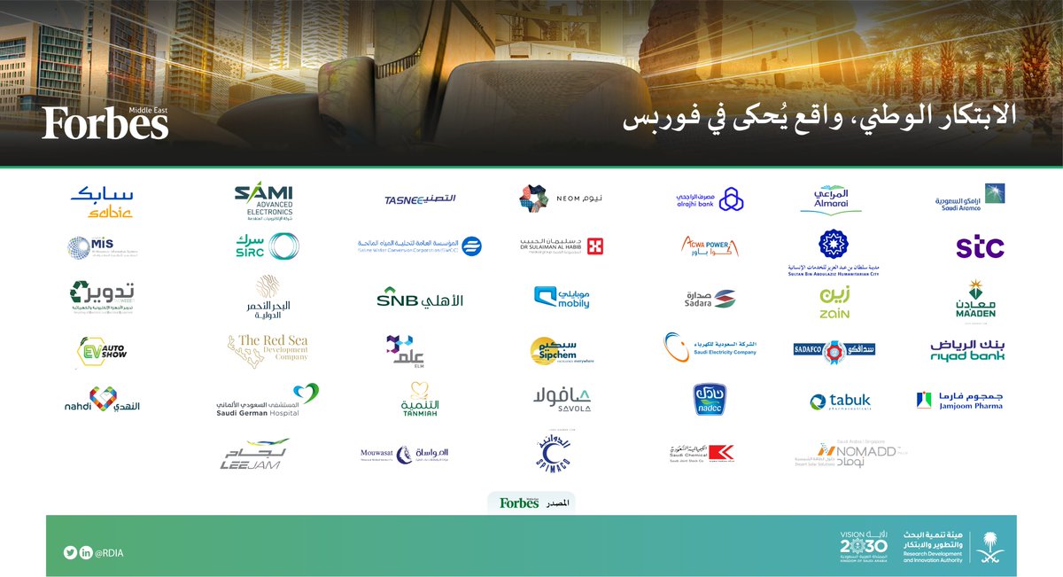 SaudiRDI's tweet photo. الشركات الأكثر إلهاماً في تطوير ثقافة الابتكار في المملكة وفقاً لتقرير @ForbesME 
 #للإنسان_نبتكر https://t.co/lb0hf2wQFn