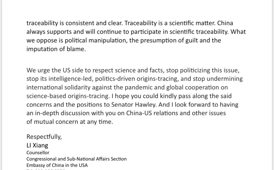 liz_elkind's tweet photo. SCOOP: A Chinese govt official sent this letter to the office of Sen. @HawleyMO yesterday, criticizing Congress for the COVID Origin Act that he introduced in late February https://t.co/yJPsk9Zxok