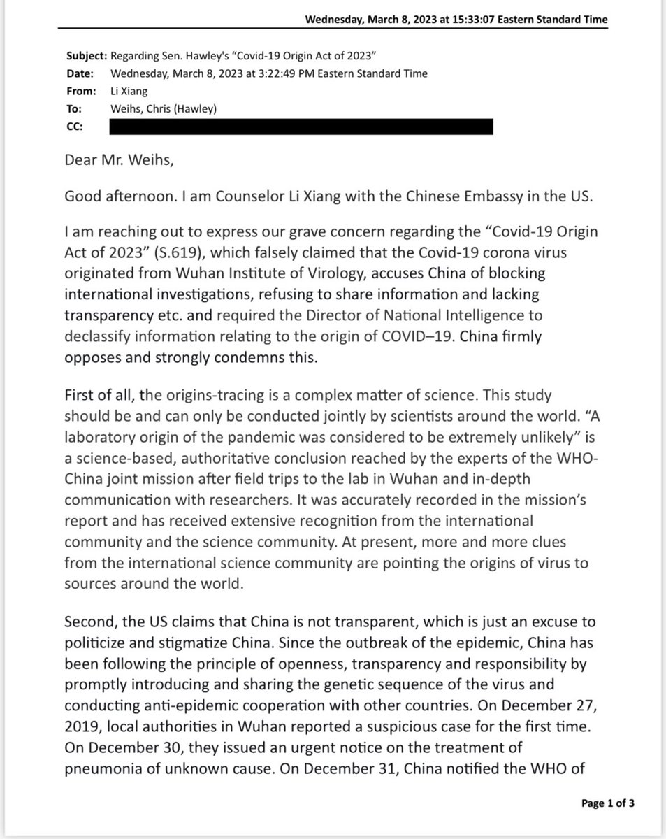 liz_elkind's tweet photo. SCOOP: A Chinese govt official sent this letter to the office of Sen. @HawleyMO yesterday, criticizing Congress for the COVID Origin Act that he introduced in late February https://t.co/yJPsk9Zxok