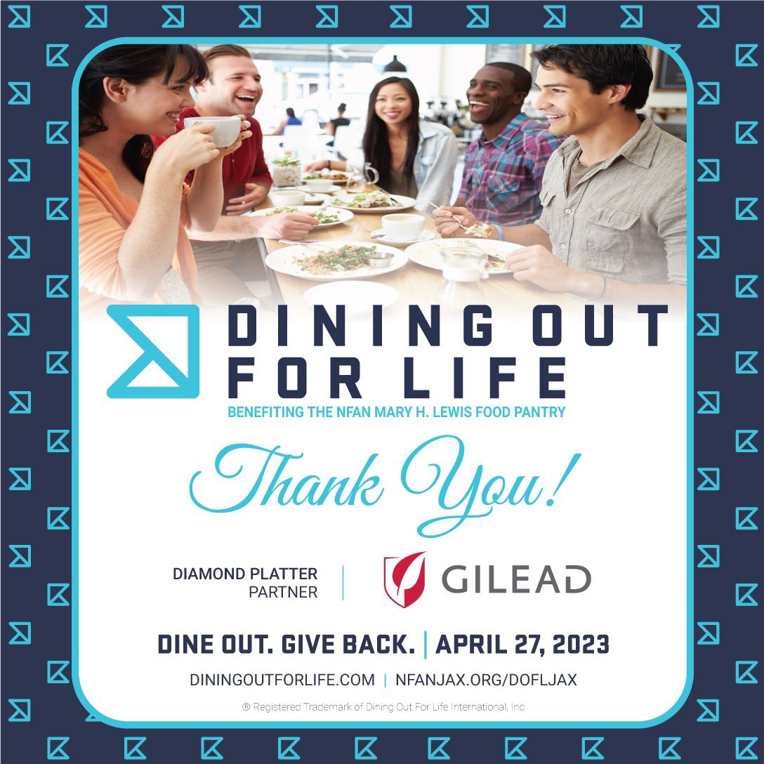 DOFLJax's tweet photo. THANK YOU!! Dining Out For Life® Jax/ NFAN is excited to have @GileadSciences as our Diamond Platter Partner for this year's Dining Out For Life® Event on Thurs, Apr 27, 2023. #dineoutgiveback #diningoutforlife #nfanjax #DOFLJax https://t.co/n9l4kbOwZP | https://t.co/eNBpELBbYR https://t.co/ZXpLgM0WMF