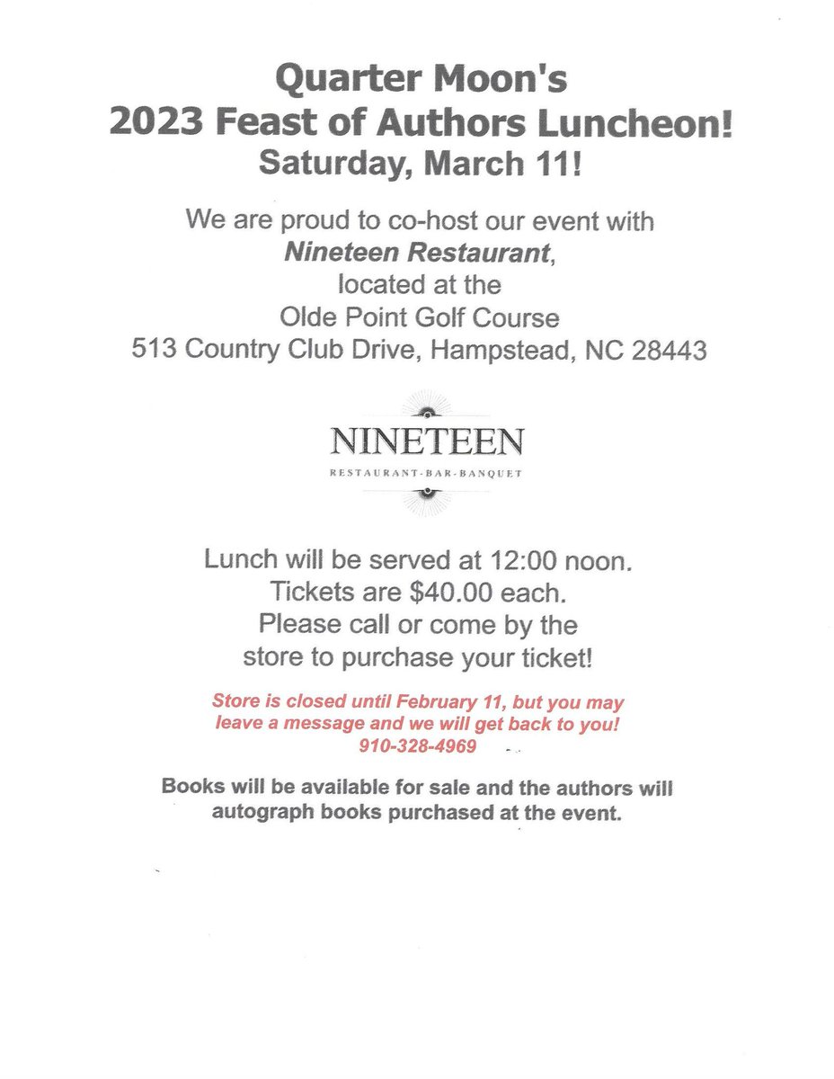 On Saturday I’ll be at the <a href="/QuarterMoonBook/">Quarter Moon Books</a> annual Feast of Authors Luncheon alongside five other great writers. Come out and support one life's great pleasures: the beach bookstore.