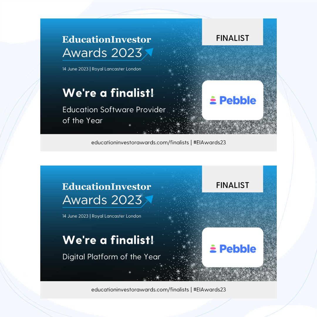 Delighted to announce we're finalists in two categories at the @EduInvestor Awards!

We're nominated for Digital Platform of the Year and Education Software Provider of the Year.

Thanks to everyone who's made this possible!

#EIAwards23