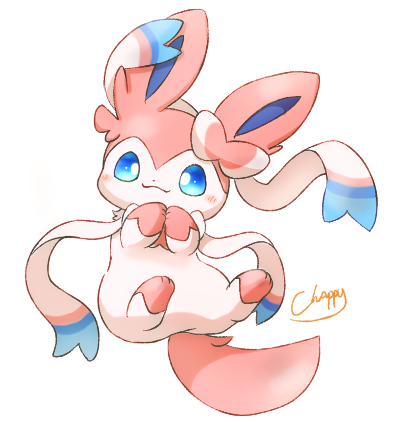 sylveon no humans pokemon (creature) solo blue eyes closed mouth smile white background  illustration images
