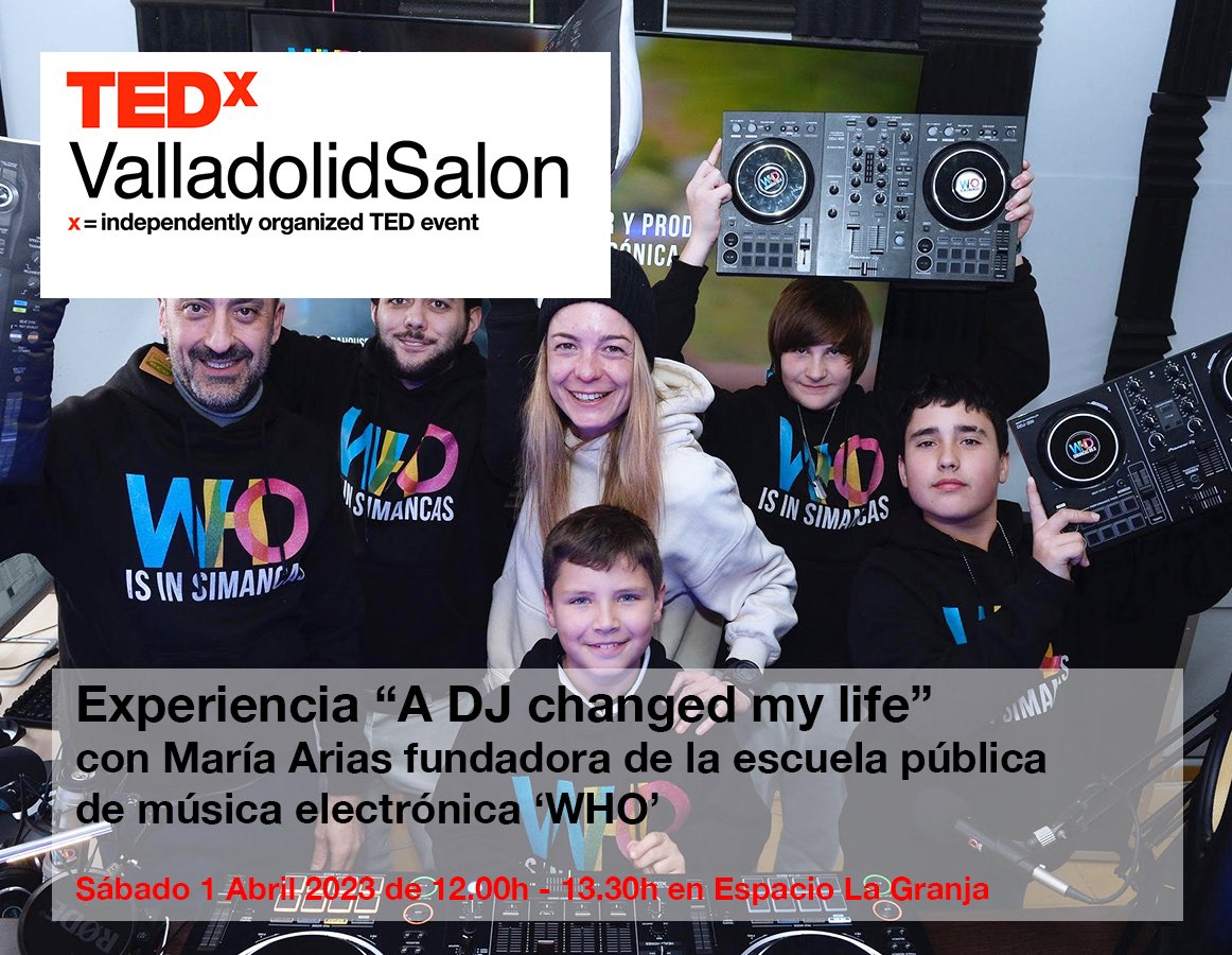 Vive una experiencia única con <a href="/MariaAriasMusic/">María Arias</a> y sus alumnos de la 1ª #escuela pública de #música electrónica antes de nuestro debate“Nuevas adicciones s. XXI” Sáb 1 Abril en Espacio La Granja. Pide tu entrada gratuita tedxvalladolid.com/tedxvalladolid…
#SaludMental #RRSS #innovaciónsocial