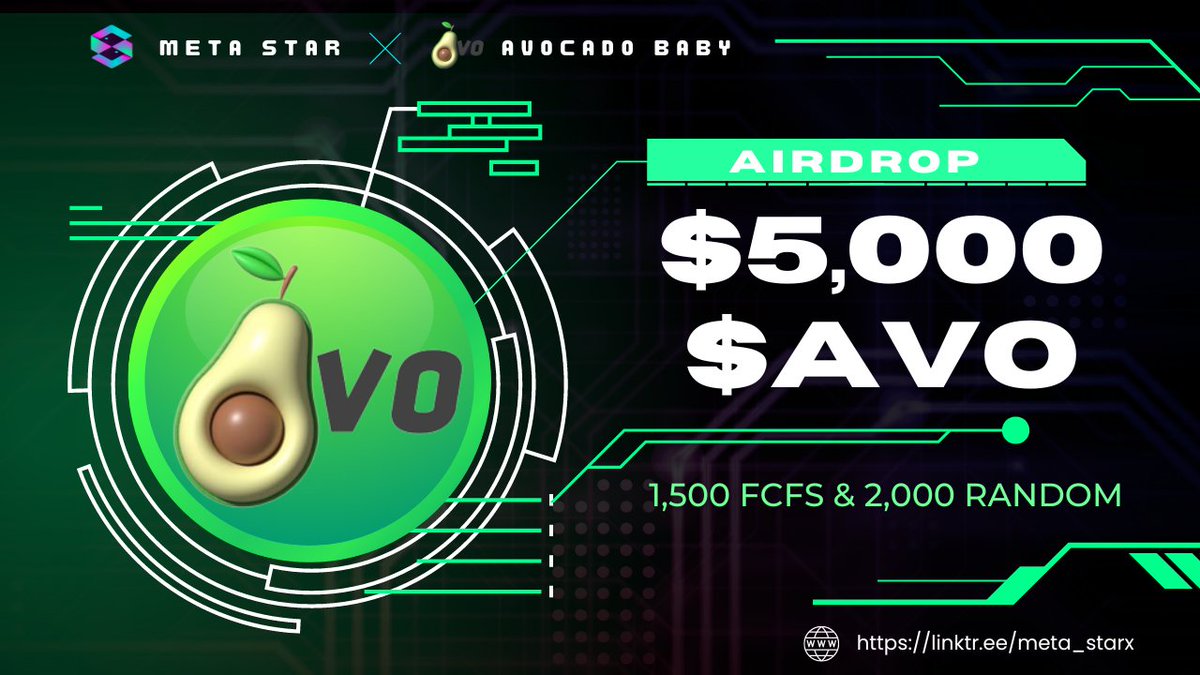 📣📣 Big &amp; Massive #fcfs #Airdrop 🔥

🥳🥳 BiG Prize Pool:
$5,000 worth $AVO PRICE POOL😍

To Win🏆
✅ Follow <a href="/META_STARx/">META STAR</a> &amp; @Avocadocorebaby
✅ Like &amp; RT &amp; Tag 3 friends
➡️ Finish Gleam : gleam.io/NKu6l/avocado-…

⏰ End 24th Mar

#Airdrop #FCFS #Giveaway #NFT #NFTGiveaway #Crypto
