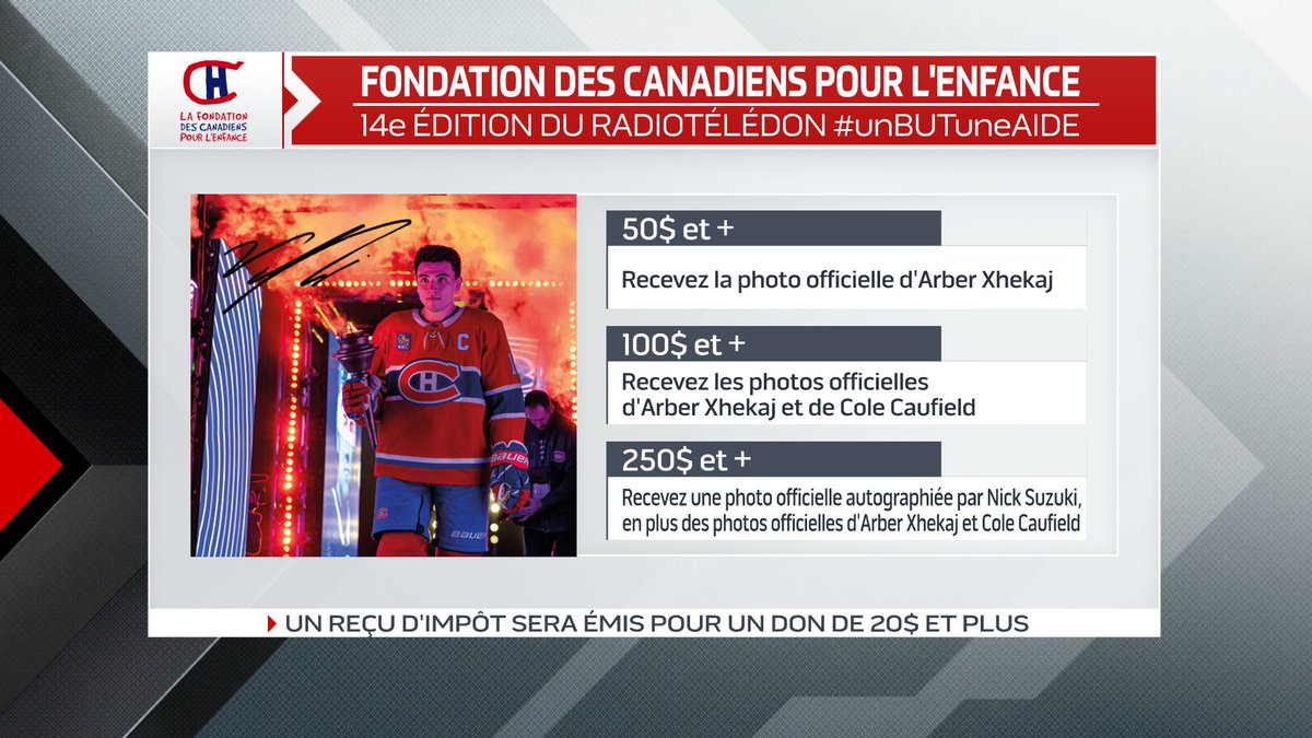 RadioTéléDON | Si vous faites un don de 250$ et plus, vous recevrez une photo de Nick Suzuki autographiée à la main, en plus des photos officielles de Cole Caufield et Arber Xhekaj.