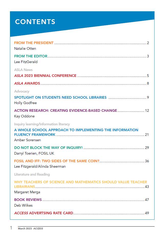 TheFosilGroup's tweet photo. Delighted that the March issue of *ACCESS* - the @aslanational journal - is online. Two articles about #FOSILinquiry. The 1st, a follow-up on Heroic #Inquiry. The 2nd, an exciting collaboration around the @NSWEducation *Information Fluency Framework* - great stuff. More on Sat. https://t.co/njeTr2CMyW