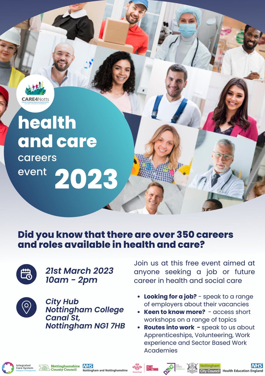 Nottingham City Centre 21st March 10-2pm 
Careers Event ⬇ ⬇

#carecareers #healthandcare #jobsincare #findoutmore