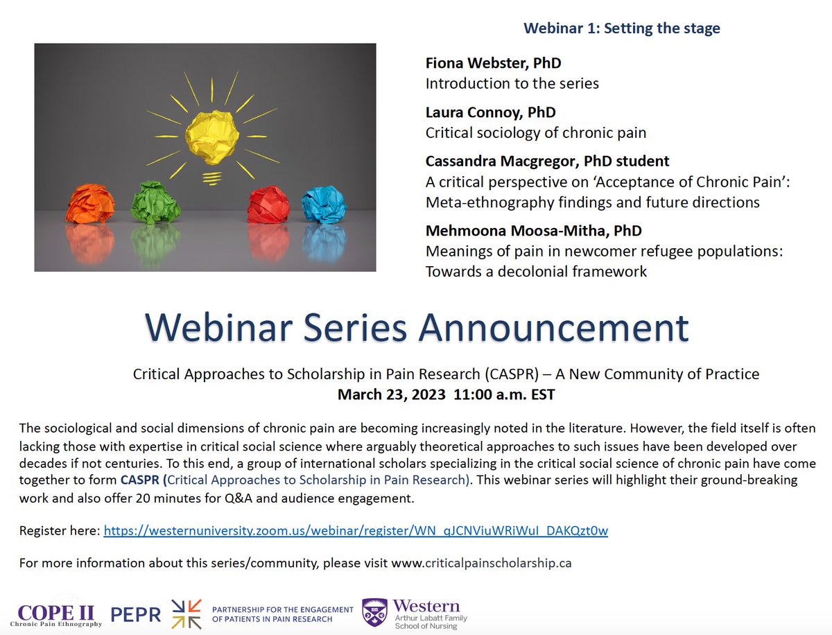 We’re excited to announce a new int'l community of practice! CASPR (Critical Approaches to Scholarship in #Pain Research) aims to elevate the social dimensions of #ChronicPain #research. CASPR will be launching an inaugural webinar on March 23rd. See the ad below for details