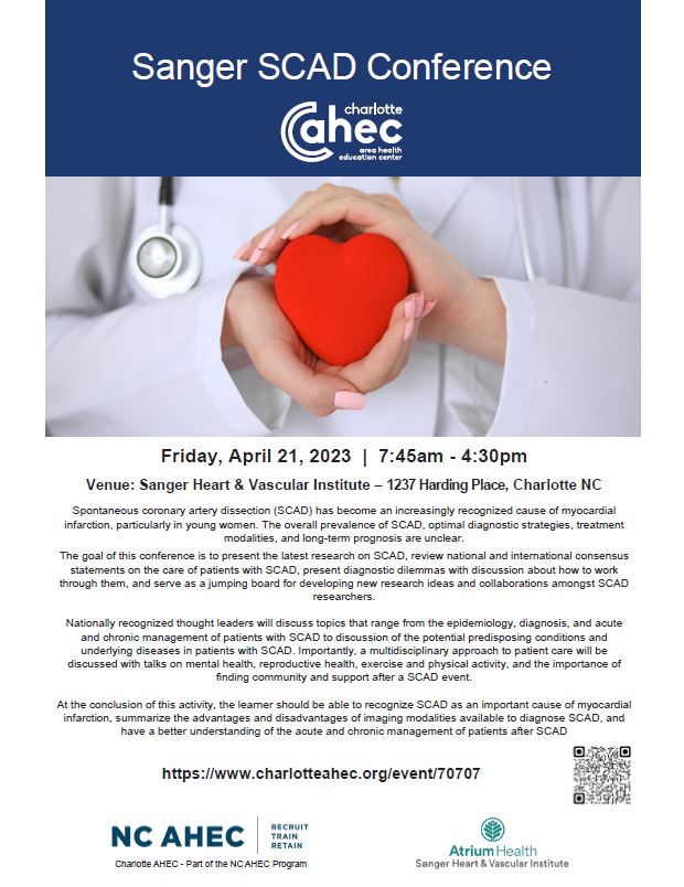 <a href="/iSCADregistry/">iSCADregistry</a> investigators coming together to deliver the CME-accredited Sanger SCAD Conference <a href="/AtriumSHVI/">Atrium Health Sanger Heart & Vascular Institute</a> in beautiful Charlotte NC this April. All aspects of care for these complex patients will be covered. Registration and agenda found at tinyurl.com/22f2rm8w