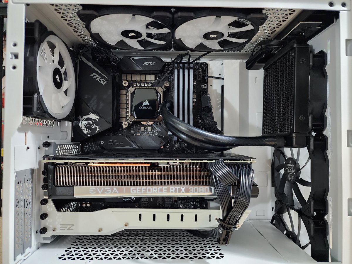 stormwrathgami1's tweet image. I built this PC and wanted some feedback. Should I make one of the upper fans an intake or no bc the intake would just suck in the exhaust?  Also if I upgraded to a 2 or 3 fan radiator for the CPU, would it restrict too much airflow? #PCBuild #pcgaming #pcquestions #gamingpc