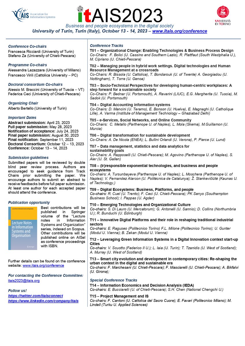 ItAIS Connect (@itaisconnect) on Twitter photo We are very happy to share the rich list of tracks of the 20th Conference of the Italian chapter of <a href="/AISConnect/">AIS Connect</a> #ItAIS 2023 that will be held at <a href="/unito/">Università di Torino</a> on October 13-14, 2023. Have a look at the topics and research areas! Info: itais.org/conference/202… @ercisorg <a href="/ASSIOA_it/">ASSIOA</a> We are very happy to share the rich list of tracks of the 20th Conference of the Italian chapter of <a href="/AISConnect/">AIS Connect</a> #ItAIS 2023 that will be held at <a href="/unito/">Università di Torino</a> on October 13-14, 2023. Have a look at the topics and research areas! Info: itais.org/conference/202… @ercisorg <a href="/ASSIOA_it/">ASSIOA</a>