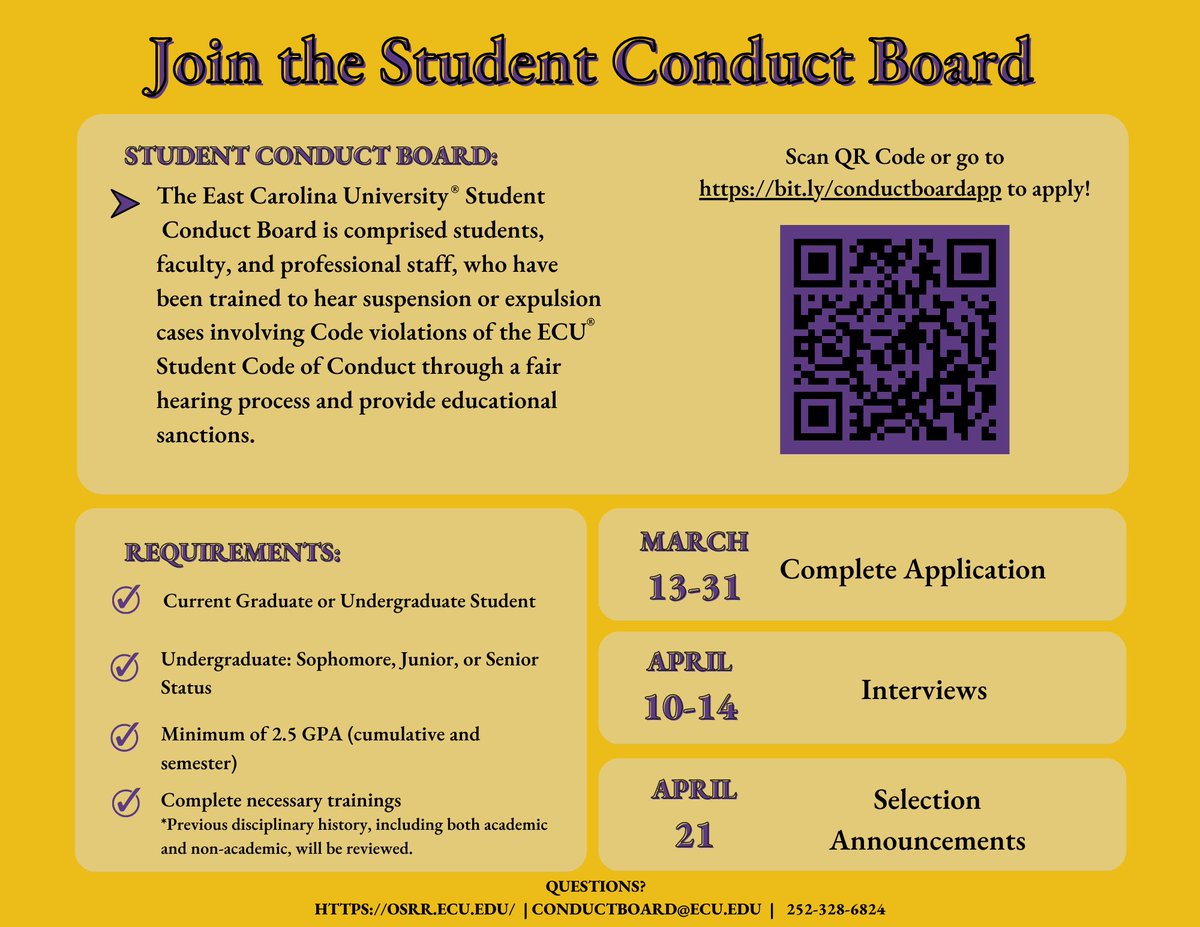 ECUConduct's tweet photo. OSRR is accepting applications for the Student Conduct Board. Apply at: https://t.co/l57z8TqibV
 #ECU  #Pirates #PirateNation https://t.co/0S12bF9pNZ