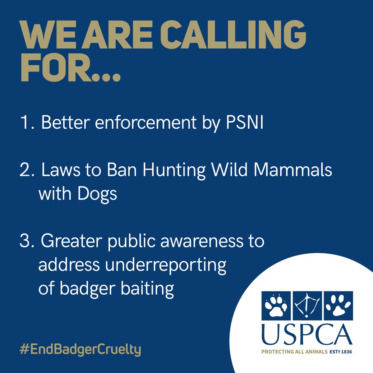 We welcome the great news regarding the recent PSNI Badger Baiting arrest.
 
Hopefully this represents a step towards better enforcement in Northern Ireland to protect our badgers. 🐾 💙

Read our recommendations here 👉 lnkd.in/ejcqfF4q

#EndBadgerBaiting #USPCA