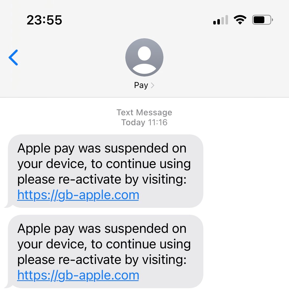 #CyberProtect

Have you received a message asking you to "re-activate" your Apple Pay / Google Pay function? 👀

STOP ⛔

This is a scam. 👾

Stay a step ahead of the criminals 📱
Forward any fraudulent text messages to 7726 to report in to <a href="/actionfrauduk/">Action Fraud</a>