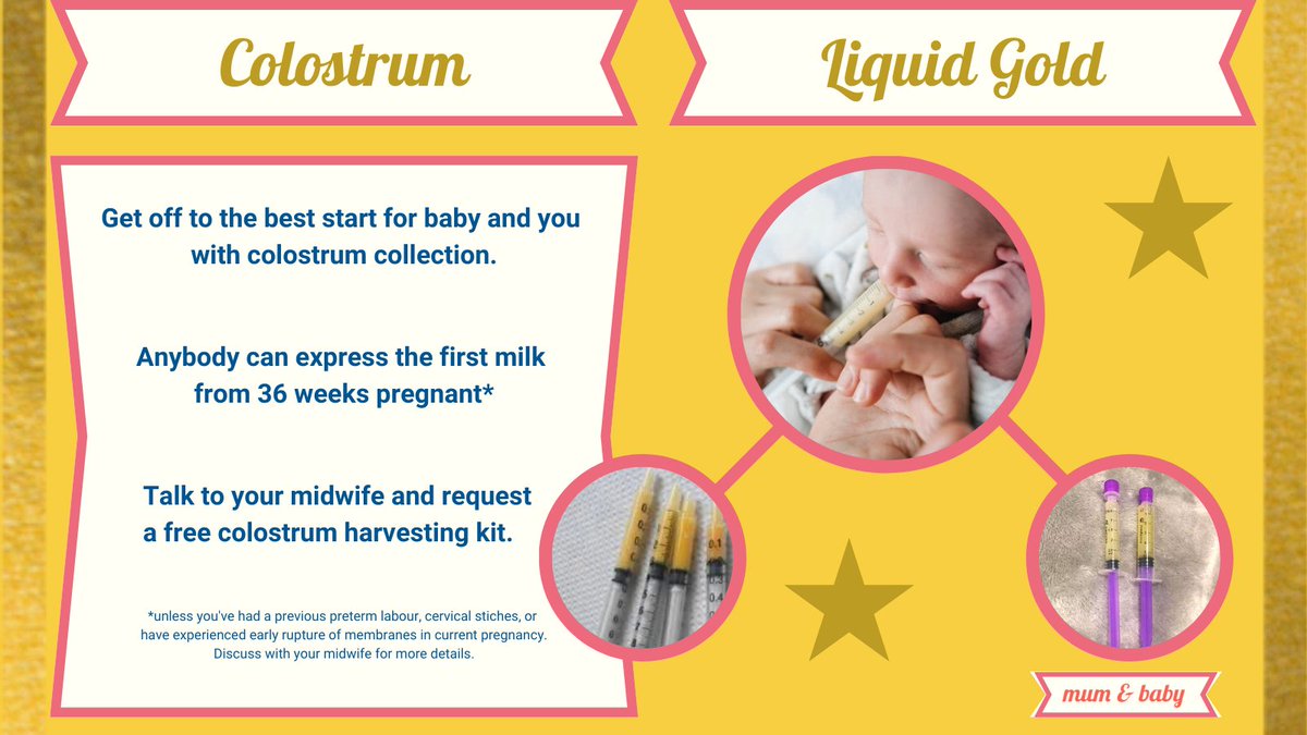 During #pregnancy, you will start to produce #milk.
The first breast milk your #body makes is known as #colostrum. This has many benefits for you and your baby.
Talk to your #midwife about #handexpressing and request a free colostrum #harvesting  kit.