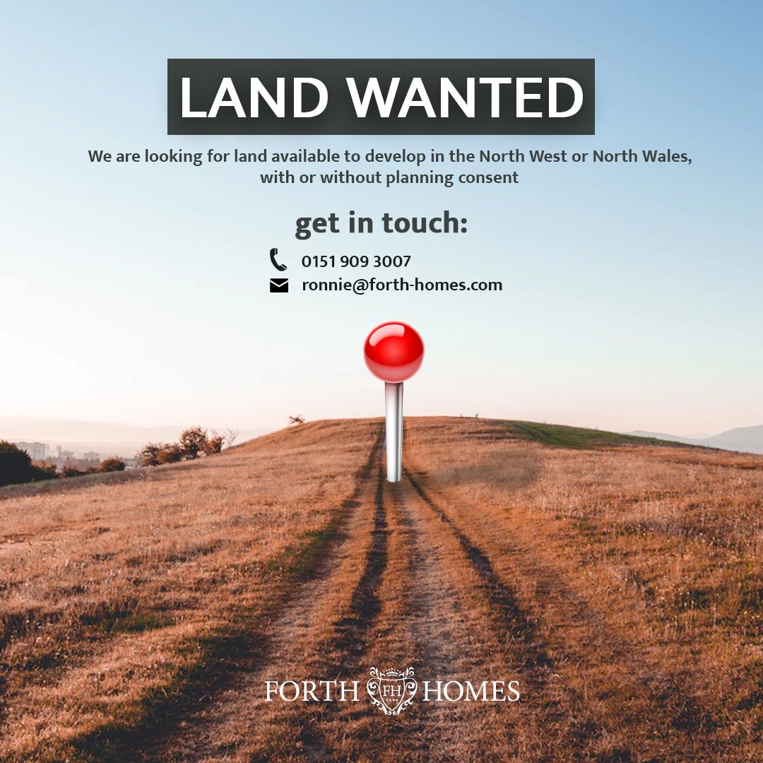 Land Wanted! 📍 

If you are a land owner or know of any potential land available to develop in the North West or North Wales, with or without planning consent, please contact:

📩  ronnie@forth-homes 
📞 0151 909 3007.

#land #landwanted #landrequired #northwest #forthhomes