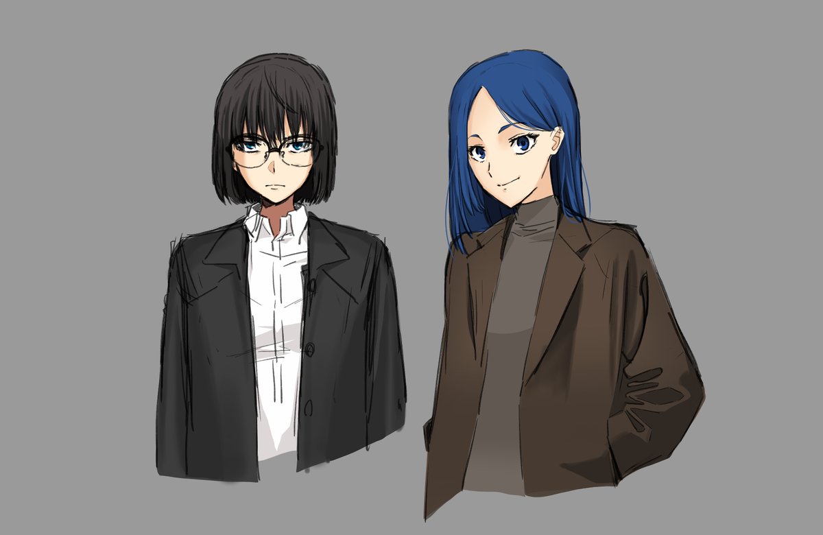 multiple girls 2girls blue eyes glasses blue hair jacket shirt  illustration images