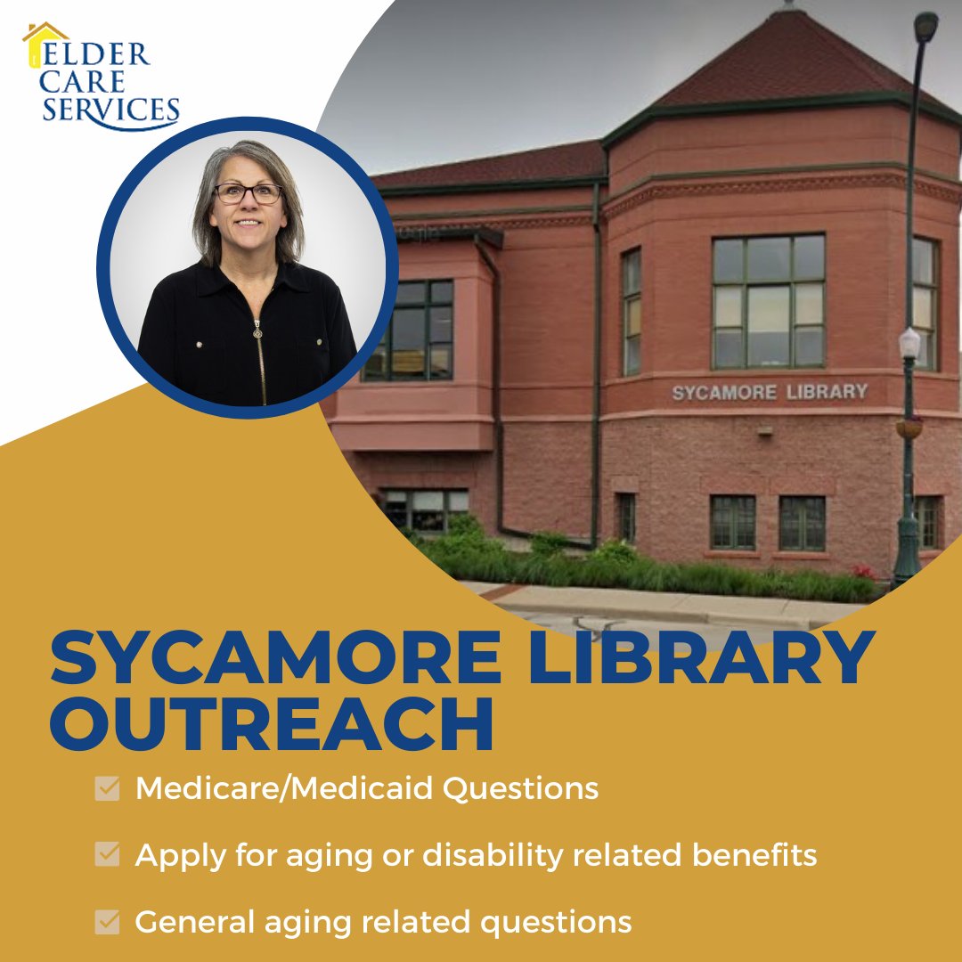 elder_il's tweet photo. Shari from ECS will be at the Sycamore Library today from 1-2 pm to help local residents with answers to their questions or apply for benefits. This is a walk-in service available for caregivers, those 60+, and those 18-59 with a disability. https://t.co/a2eVcGfJdv
