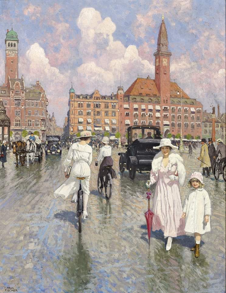 Paul Gustave Fisher, Danish painter 1860-1934. 
Wife of the artist and Grethe, their daughter, on the Radhuspladsen, Copenhagen, 1918 🇩🇰