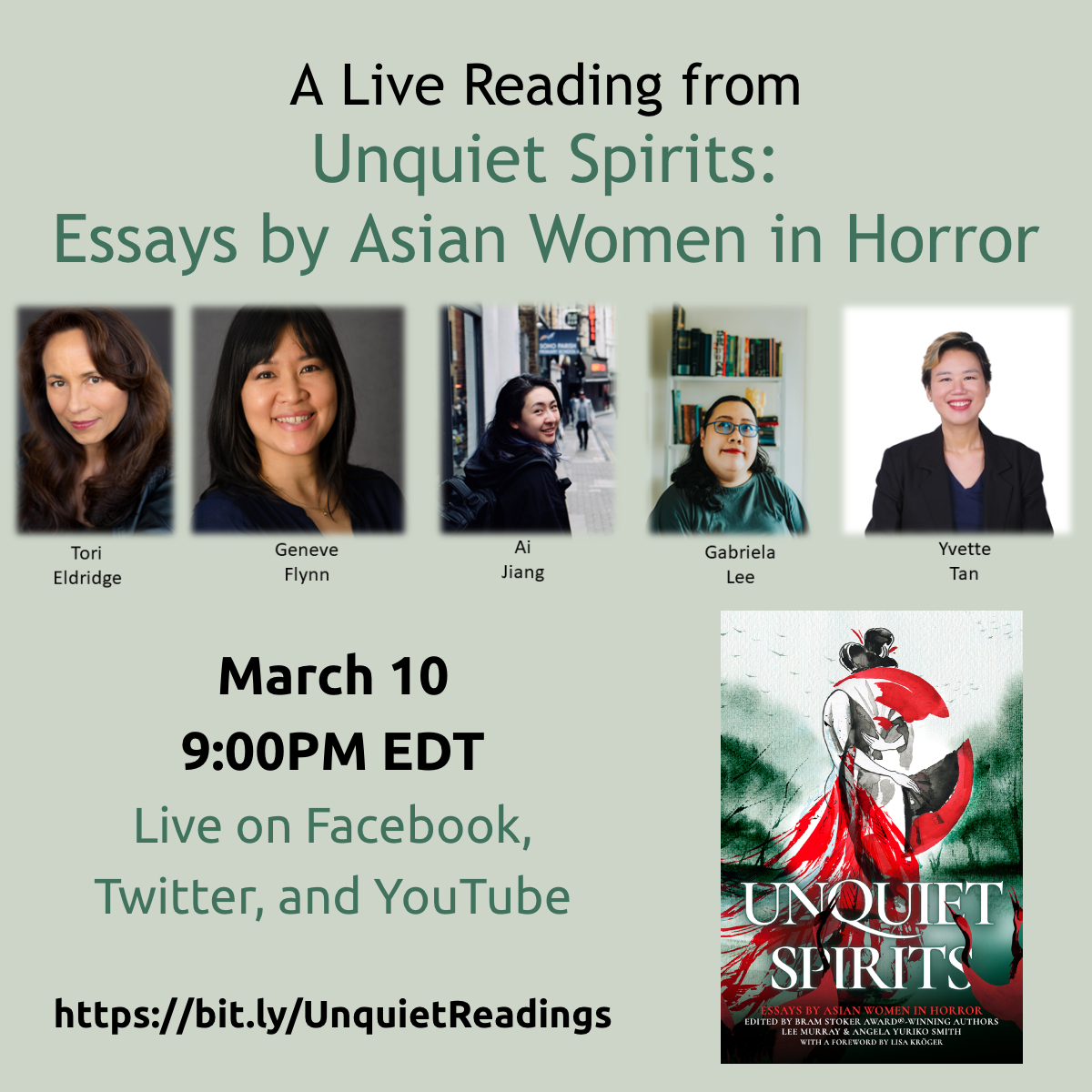 #WomenInHorrorMonth 🖤 Join us FRI for poignant, #empowering #horror readings by Asian #WomenWriters from UNQUIET SPIRITS📚🌺
👉🏽 bit.ly/UnquietReadings 

@ToriEldridge  @FlynnGeneve @AiJiang_ @sundialgirl @yvette_tan @doclaney #InternationalWomensDay #WomensHistoryMonth2023