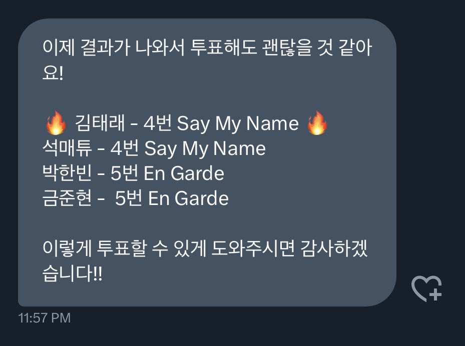 taeraevize's tweet photo. A SUMMARY OF HOW KKULTARAES SHOULD VOTE 4 THE CONCEPT SONGS

since matthew, phanbin &amp; junhyeon fans r helping us to vote for taerae into #4 SAY MY NAME, let's return the favor &amp; vote for them too!

SEOK MATTHEW - #4 SAY MY NAME
PARK HANBIN - #5 EN GARDE
KUM JUNHYEON - #5 EN GARDE https://t.co/SPSCFtl7pJ