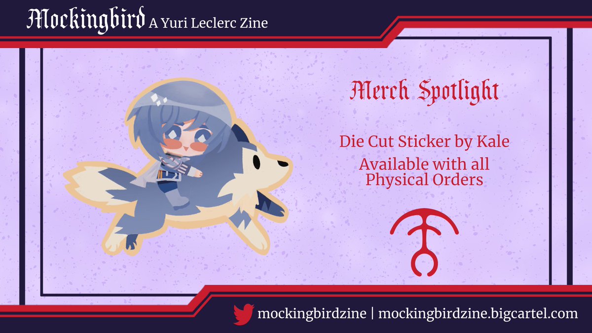 💜 MERCH SPOTLIGHT 💜

This die-cut sticker by <a href="/kalette_/">Kale @ Zine Hell</a> is sure to brighten your day! Yuri + wolf comes with all physical bundles so there's no need to hesitate!

mockingbirdzine.bigcartel.com