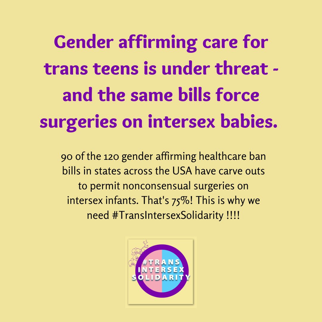 90 of the 120 gender affirming healthcare ban bills in states across the USA have carve outs to permit nonconsensual surgeries on intersex infants. That's 75%! This is why we need #TransIntersexSolidarity!!!!