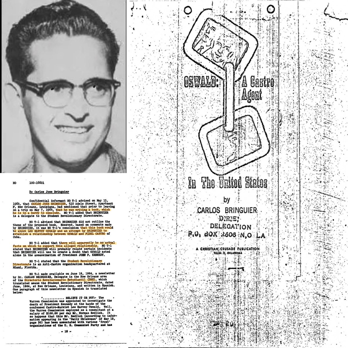 FilesJFK's tweet photo. Carlos Bringuier was the New Orleans delegate of the CIA-funded Directorio Revolucionario Estudantil, the Student Revolutionary Directorate (DRE), in charge of DRE publicity and propaganda; this #FBI report indicates he was in a hurry to finish a book painting Oswald as an agent of Castro, which the informant notes “there will apparently be no actual facts on which to support this alleged relationship.” Bringuier also alleges Warren Commission counsel, Norman Redlich, of having Communist leanings: https://t.co/9ho2tDKUZs #JFKFiles #JFKassassination #CIA