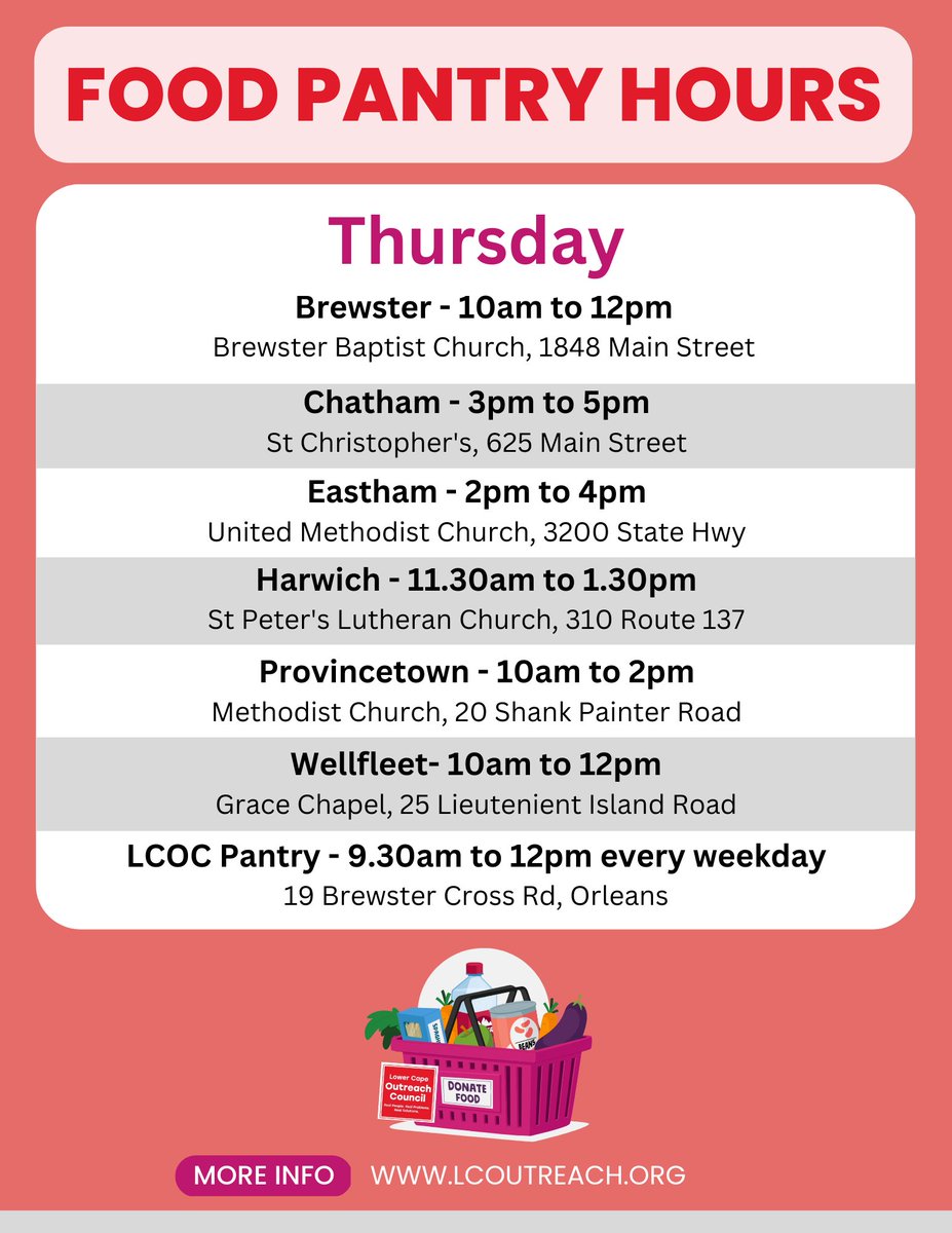 Our clients are facing higher utility bills, making it hard to make ends meet.

Our food pantries, in partnership with the <a href="/Gr8BosFoodBank/">The Greater Boston Food Bank</a> provide nutritious and fresh food to support those in need on the Lower and Outer Cape.

Our Thursday hours are below