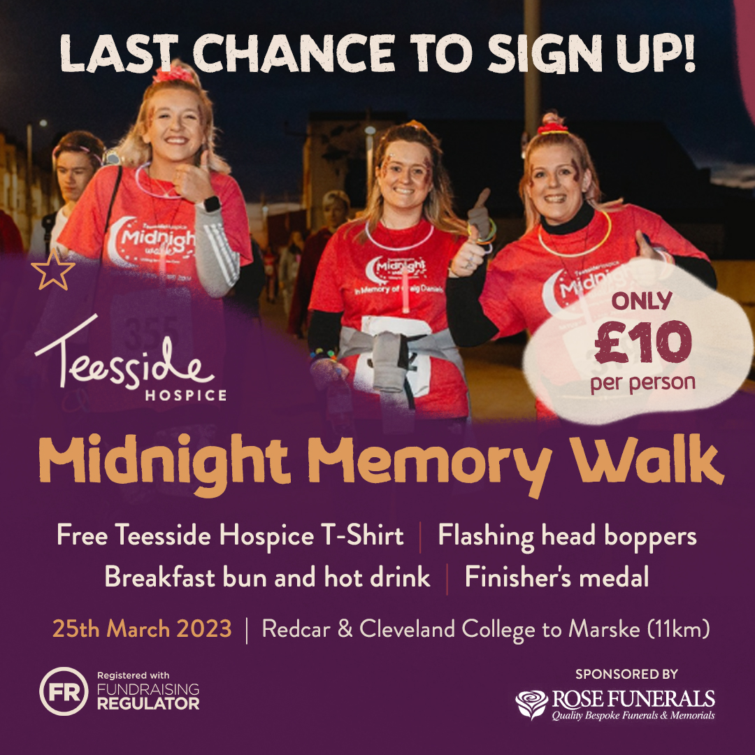 Hillstreetshop's tweet image. 📢 Last Chance!!!!! 📢 Signup for Teesside Hospice Midnight Memory Walk closes TOMORROW MORNING at 8am
✨Go to teessidehospice.org/events/midnigh… to find out more and sign up!
#teessidehospice #charitypartners #midnightmemorywalk #getinvolved