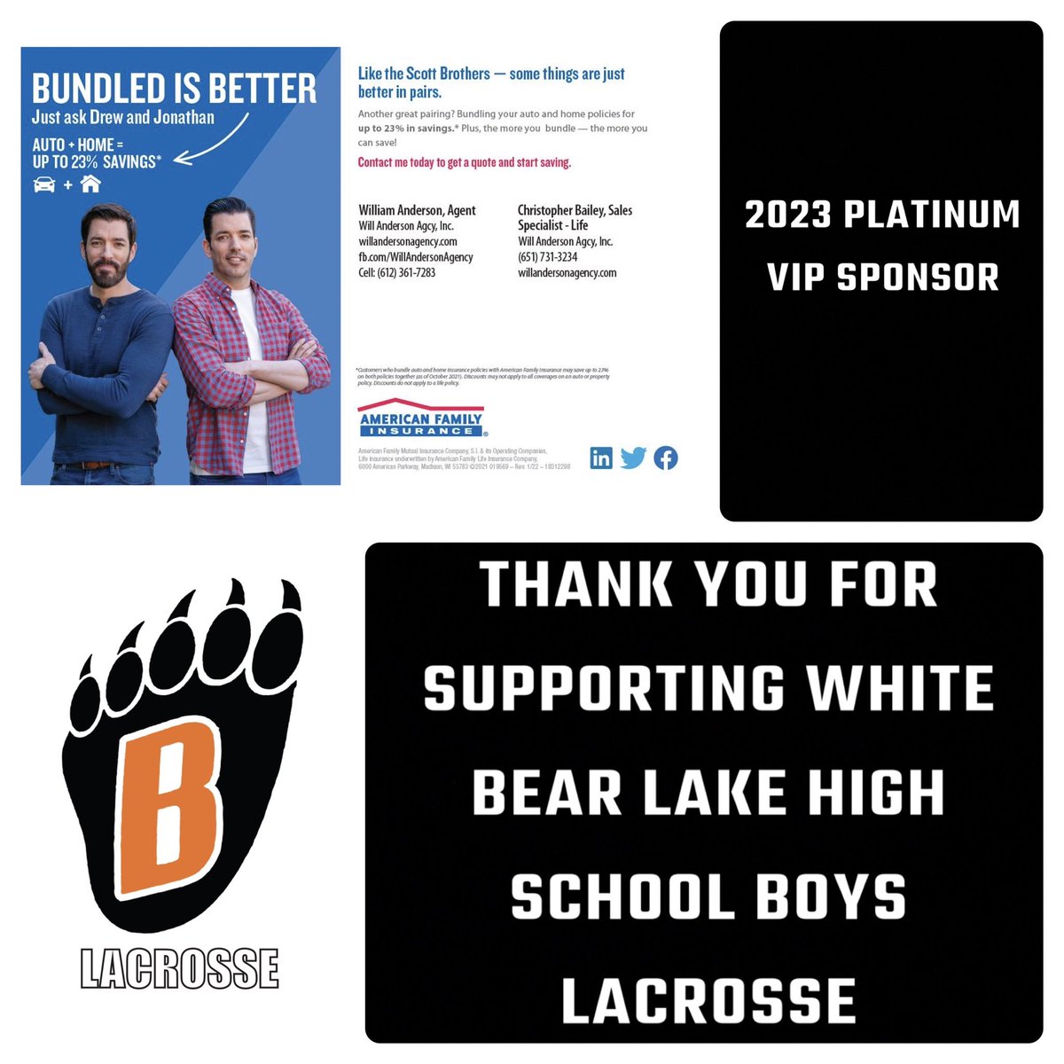 Thank you Will Anderson Agency Inc. for sponsoring the 2023 WBL Boys Lacrosse team!