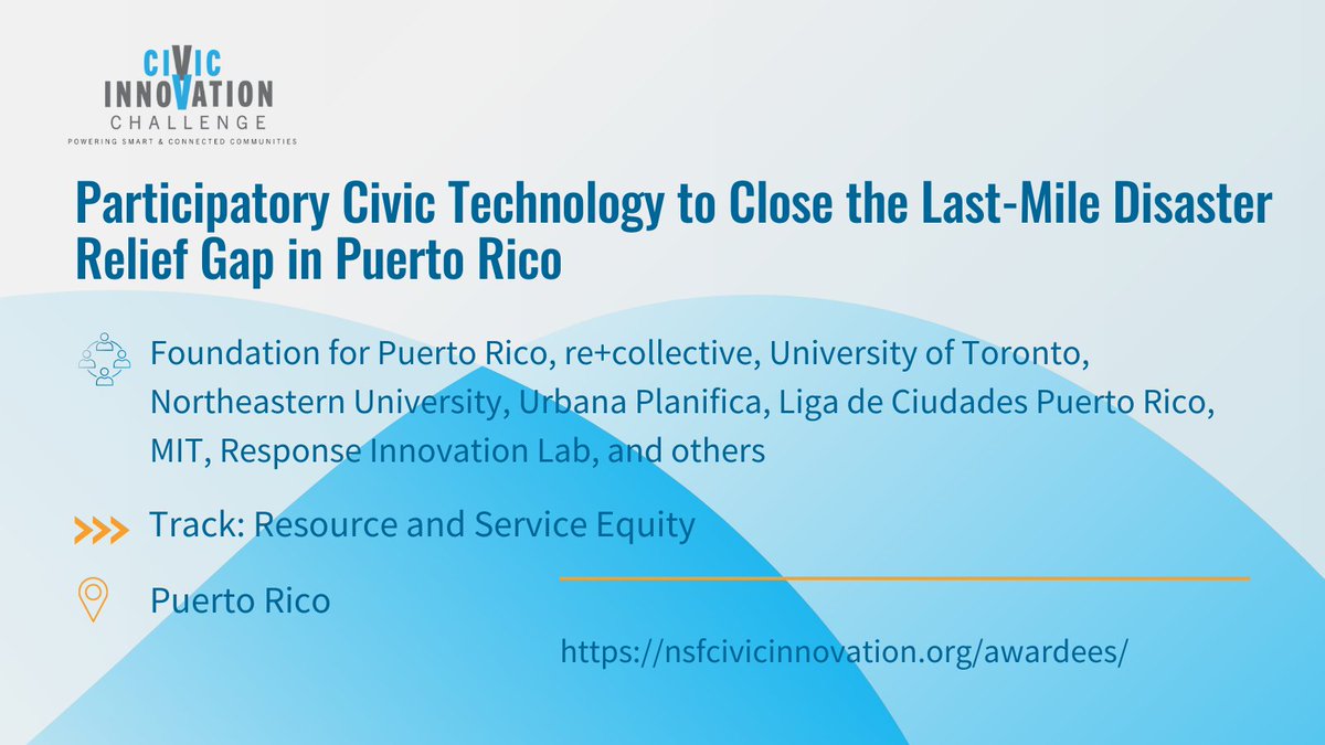 ✨#NSFCIVICStage1 highlight✨
FPR, re+connect & partners are seeking to pilot a participatory civic tech initiative to close the last-mile disaster relief gap & create long-term resilience for underserved communities
#NSFCIVIC #CIVIC2022 #NSFfunded bit.ly/3VR28LP