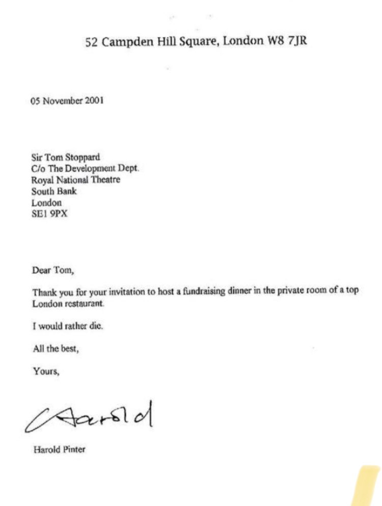 Joseph_Fasano_'s tweet photo. Harold Pinter replying to fellow playwright Tom Stoppard as only a writer could. https://t.co/HW3uPTvZMm