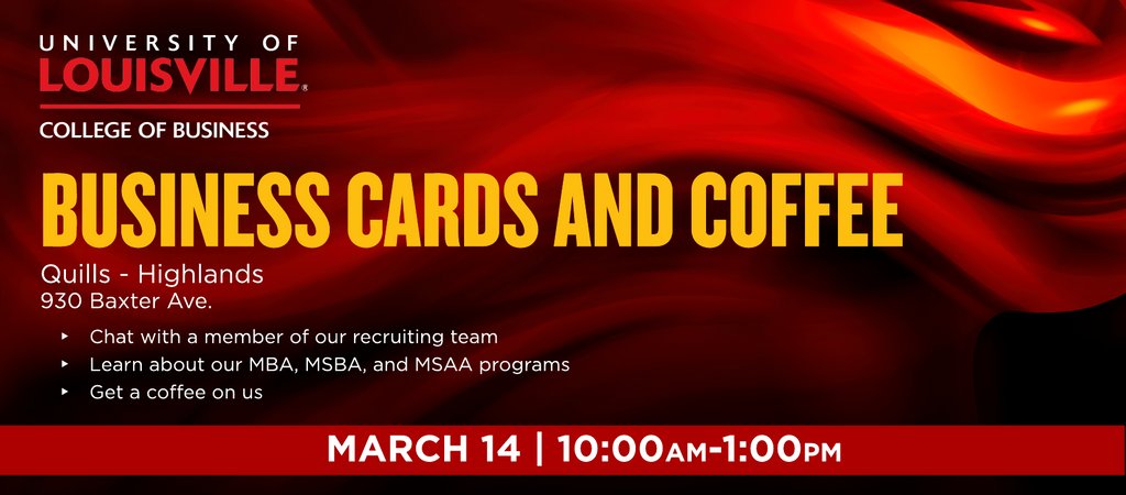 Join us for coffee next Tuesday, March 14! Let's chat about how the #UofLMBA, #UofLMSBA, and/or #UofLMSAA can help bring your career to the next level. Registration appreciated, but not required: forms.office.com/r/adrwHmx8Lk