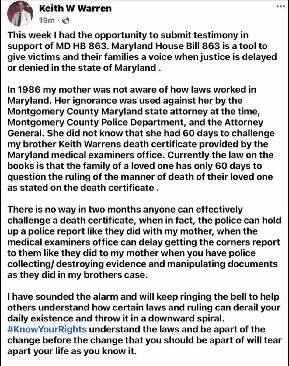 justiceforkeith's tweet photo. @mcpnews @MCSAONEWS @McCarthyMoCo @Marc_Elrich @BrianFrosh @GovLarryHogan @RepRaskin @USAO_MD @MDSP @MoCoCouncilMD @Willcsmithjr #keithwarren #justice #accountability #silverspringmd #blacklivesmatter  #UpRooted #DiscoveryPlus  #justiceforkeith #transparency #oprah # https://t.co/B1zWWtGbjo