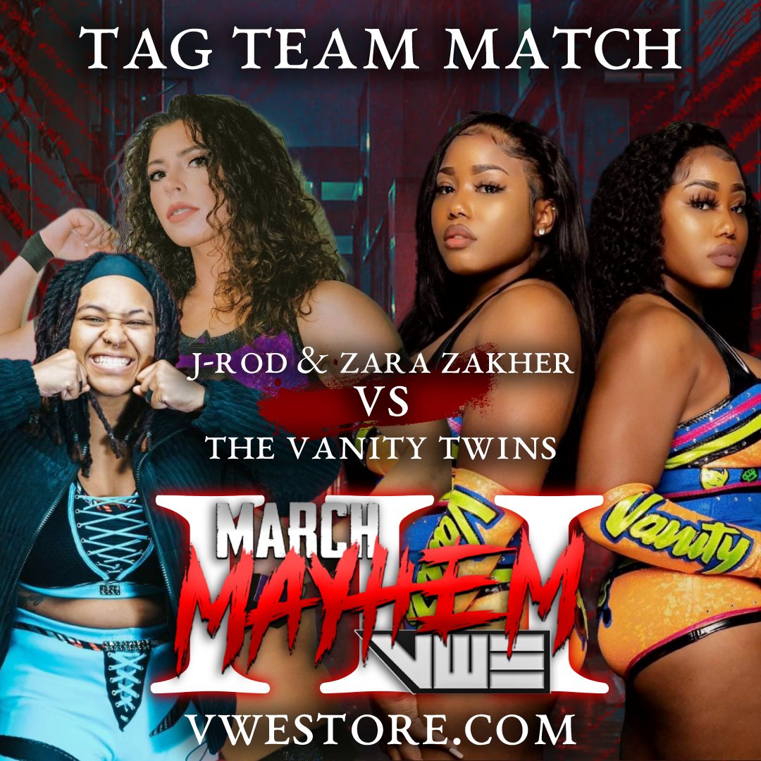 Venue Wrestling (@venuewrestling) on Twitter photo Saturday March 25th we will have the return of <a href="/jsroden/">Jessica Roden</a> and she will be tagging with the Debuting <a href="/zarazakher/">Zara Zakher ザラ・ザカー</a> to face the team of <a href="/JordynVanity/">Jordyn Vanity</a> and <a href="/JaidaVanity/">Jaida Vanity</a>
The Vanity Twins make their VWE debut as well
Don't miss out on this!
Tickets available on VWESTORE.com Saturday March 25th we will have the return of <a href="/jsroden/">Jessica Roden</a> and she will be tagging with the Debuting <a href="/zarazakher/">Zara Zakher ザラ・ザカー</a> to face the team of <a href="/JordynVanity/">Jordyn Vanity</a> and <a href="/JaidaVanity/">Jaida Vanity</a>
The Vanity Twins make their VWE debut as well
Don't miss out on this!
Tickets available on VWESTORE.com