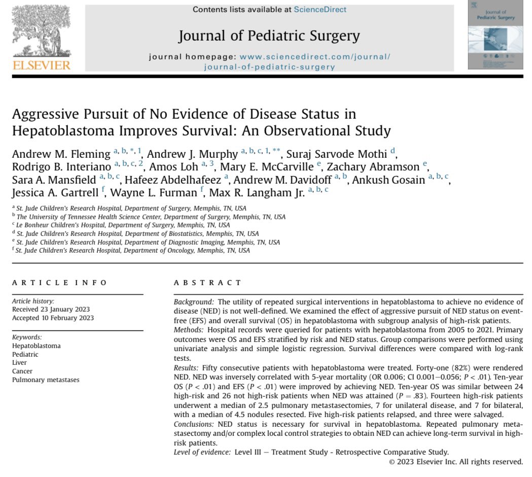 Proud of our work on this one!

“Aggressive Pursuit of No Evidence of Disease Status in Hepatoblastoma Improves Survival: An Observational Study”

Now in press in @jpedsurg! 📝 

@ajacksonmurphy @MaxLangham 
@AmerAcadPeds @APSASurgeons 
@SurgeryUTHSC @StJudeResearch